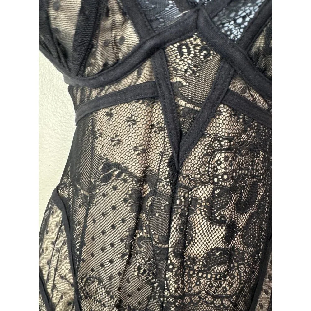 Bebe Black Lace Beige Mini Slip Dress Women size Small Coquette Sexy Fairy Grung - Picture 10 of 16
